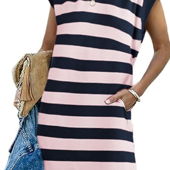 AlvaQ Summer Shirt Dress, Pale Pink & Navy, Cap Sleeve, Mini Dress, M - Picture 6 of 11